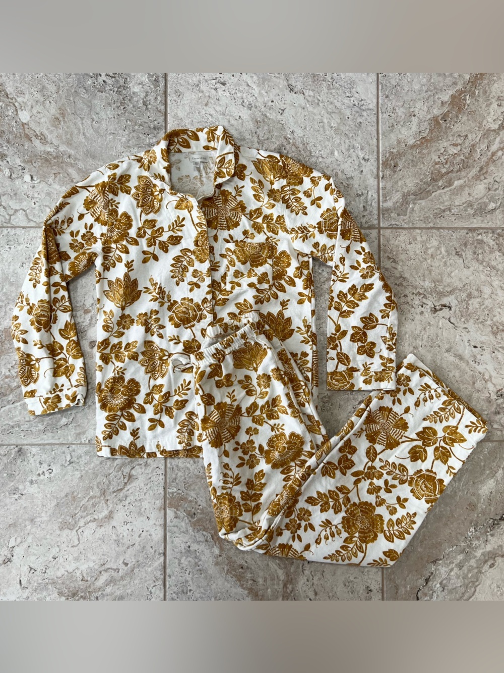 Garnet Hill Organic-Cotton Heritage Flannel 2-Pc Long Pajama Set, Gold/White, XS - Picture 2 of 14